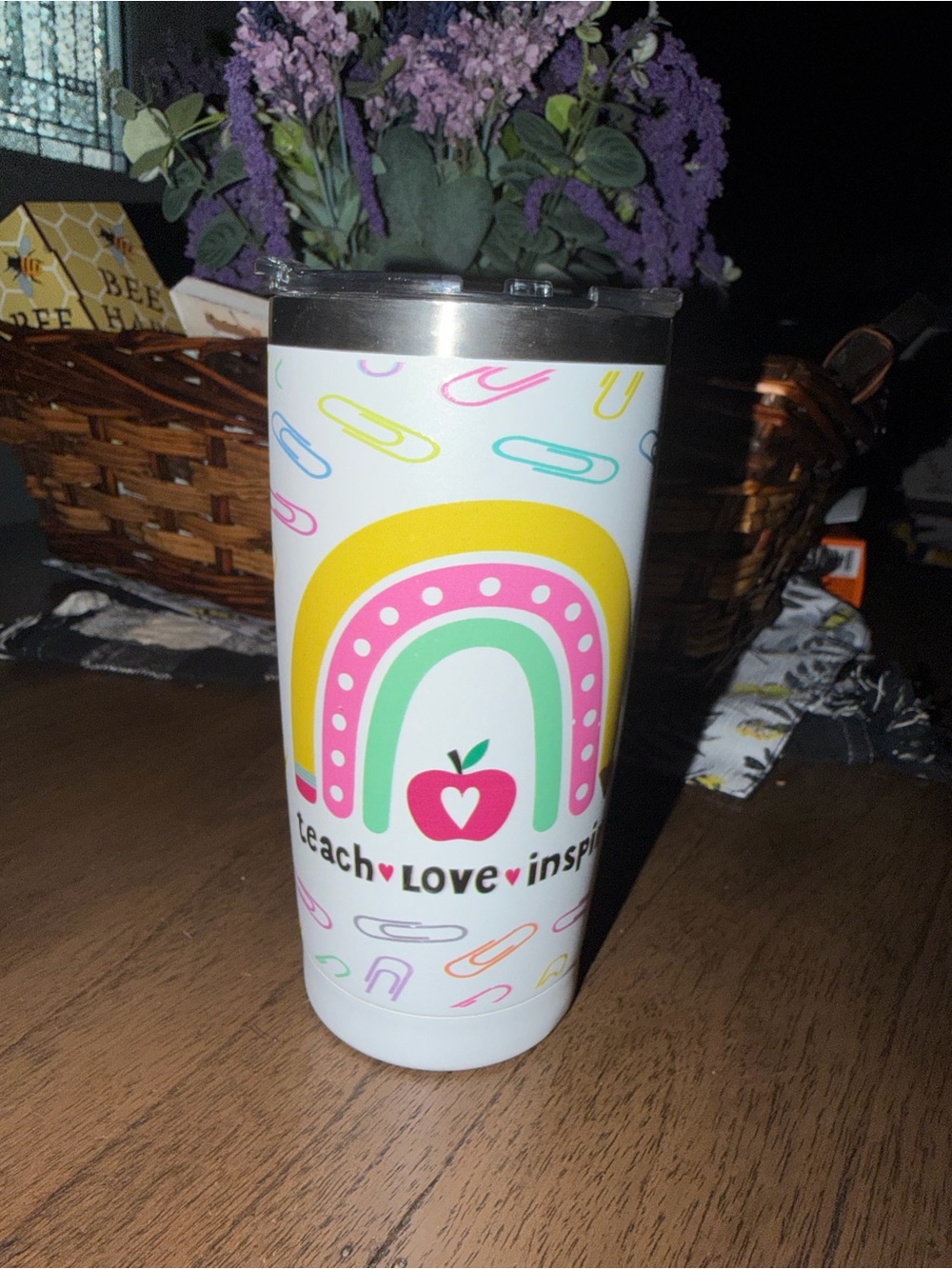 tervis White Tumbler with Pink, Yellow & Mint Rainbow Apple Design